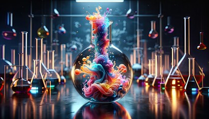 Alchemy of Science: Colorful Chemical Reaction in Lab Flask - obrazy, fototapety, plakaty