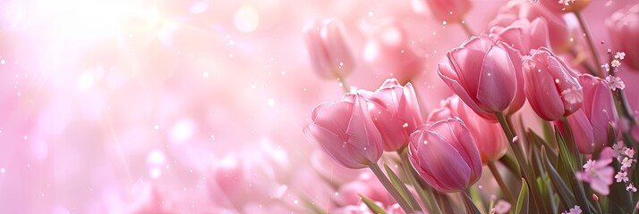 Mother's Day abstract pink color background decorated with tulips pink flowers. Banner with copy space