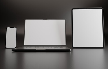 High end phone, tablet and laptop on black studio backdrop. Blank mockup template screen.	