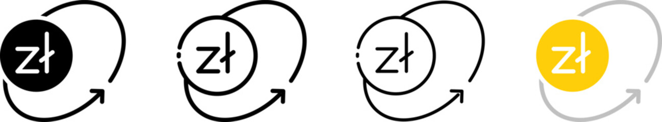 Zloty coin icons and arrow in a circle. Outline, Zl coin set with update arrow, Zloty and circle arrow, trade design. Vector icons