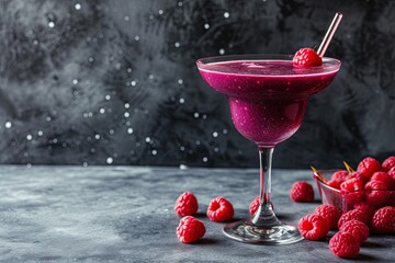 Fancy space cocktail in deep purple color made with Torani Puremade Galaxy Syrup, with raspberries, on dark background with copy space