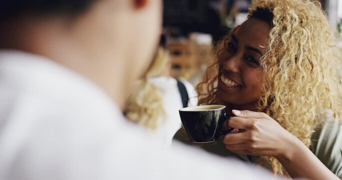 Coffee shop, happy woman and face of couple on date, morning break and enjoy conversation, funny discussion or bonding. Restaurant, love and relax girlfriend smile with green tea cup in diner cafe