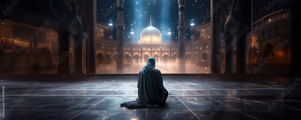 Poster a person in a hooded robe meditating in a palace courtyard with a majestic view. fictional character