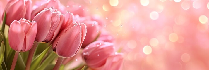 Obraz premium Mother's Day abstract pink color background decorated with tulips pink flowers. Banner with copy space