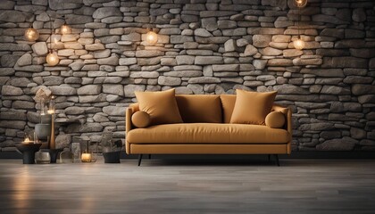 Cozy sofa on wild stone cladding wall background, rustic lounge area interior design
