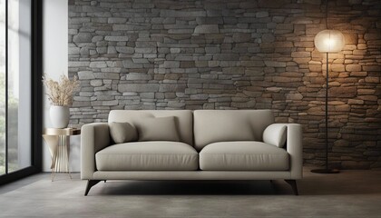 Cozy sofa on wild stone cladding wall background, rustic lounge area interior design
