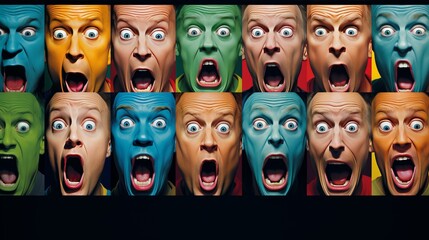 Collage of surprised people on multicolored backgrounds expressing various emotions and feelings