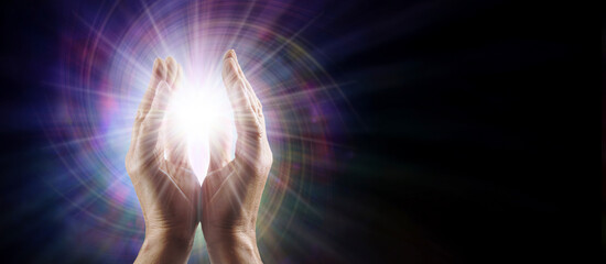 Sending Quantum Healing Concept Template - Male Reiki Master Healer with parallel hands reaching...