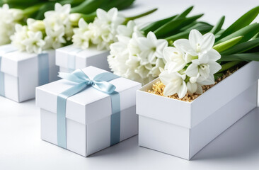 White hyacinths next to a white gift box on a white table. Women's day, mother's day.