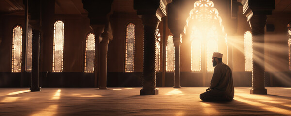 A Muslim man in a Mosque, seeking enlightenment through prayer. Fictional character created by Generative AI. - obrazy, fototapety, plakaty