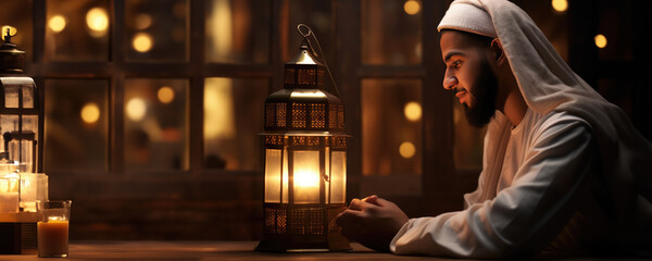 A Muslim Man Praying in front of a Lighted Lamp, Fictional character created by Generative AI.