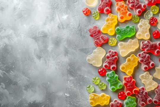 trendy gum bears candy background with copy space for text. Top view on candies of gummy jelly