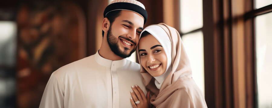 A Muslim couple wearing traditional clothing, standing close together and smiling. Fictional character created by Generative AI.