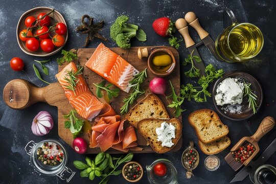 Horizontal image of trendy seacuttery board on dark grey background, with copy space. Food, organic ingredients and healthy eating.