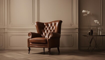 Luxury vintage brown leather Armchair against beige blank Wall Interior space in a large empty room
