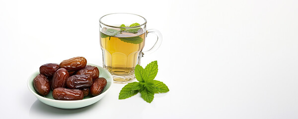 Fresh green tea and dates, a healthy and nutritious snack
