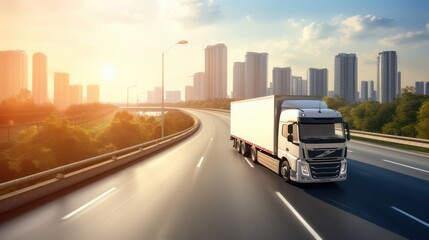 Box truck shipping delivery service city road scene 
