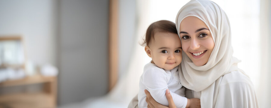 A Muslim woman wearing a headscarf and a young baby, posing for a heartwarming photo.  a Fictional character created by Generative AI.