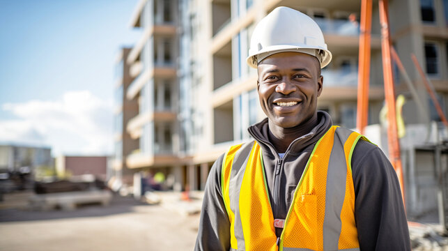 Portrait African-American construction site manager standing with folded arms wearing safety vest and helmet, thinking at construction site. AI Generative