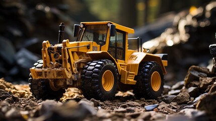 backhoe loader in yellow removing rock, car toy for kids play around outside,