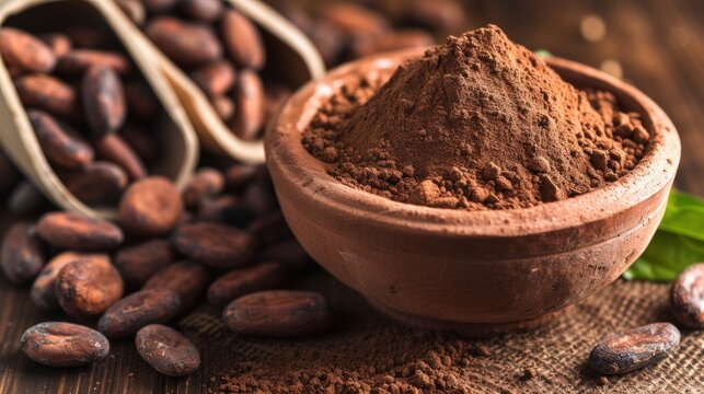 Food dark brown cocoa beans with chocolate powder in a bowl. AI generated image