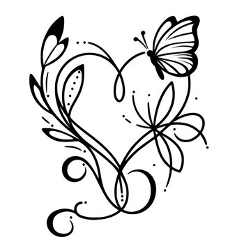 Decorative heart ornament With Flowers And Butterflies For Stencil,Isolated On White Background