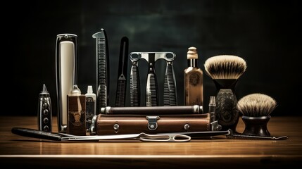 Classic barber tools equipment, rustic vintage scissors razor brush accessories.