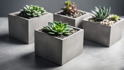 Row of little succulent plants in modern geometric concrete planters isolated on white background
