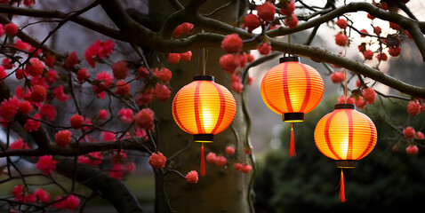 Fototapeta na wymiar Chinese new year lanterns hanging on tree branch