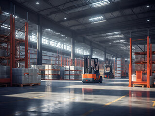  Large modern warehouse with forklifts