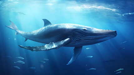 Large whale swimming in deep blue ocean waters, surrounded by small fish. 