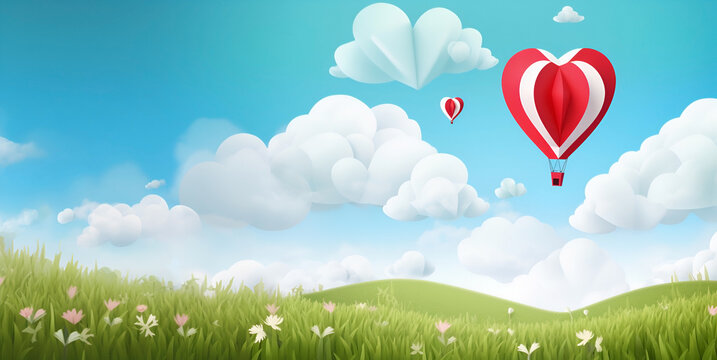 Illustration of love Origami made hot air balloon flying over grass with heart float on the sky.