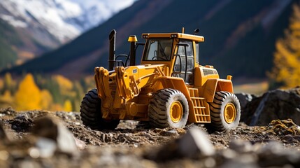 backhoe loader in yellow removing rock, car toy for kids play around outside, - obrazy, fototapety, plakaty