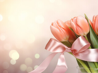 Peach pink tulips bouquet with ribbon bow on light background with bokeh. Banner with copy space. 