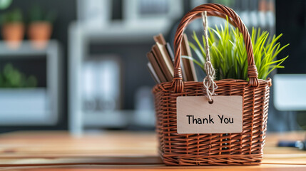 A close-up of a gift basket labeled with a "Thank You" tag on an employee's desk, Employee Appreciation Day, dynamic and dramatic compositions, with copy space