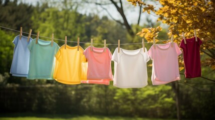 Children's T-shirts drying outside. Neural network AI generated art