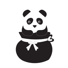 panda icon with cute basket, black sticker, animal character. vector illustration