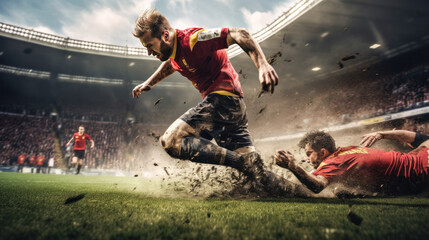 Fototapeta na wymiar Dynamic Tackle Energy: Photograph the dynamic energy of a sliding tackle, highlighting the clash of boots and airborne turf.
