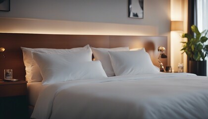 a comfortable hotel bed with crisp white sheets and bright lights coming through the window
 - obrazy, fototapety, plakaty