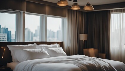 a comfortable hotel bed with crisp white sheets and bright lights coming through the window
