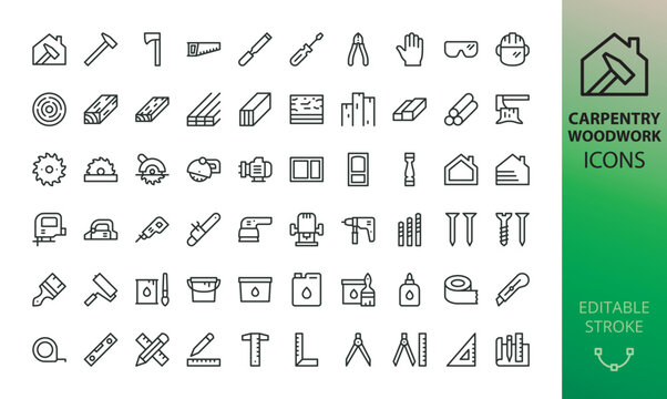Carpentry and woodworking tools icon set. Joinery tools and materials vector icons wth editable stroke.
