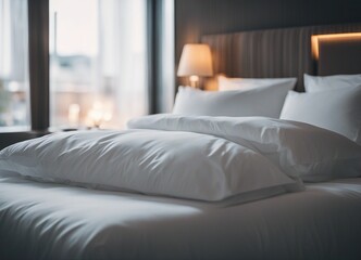 Obraz premium a comfortable hotel bed with crisp white sheets and bright lights coming through the window 
