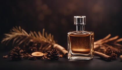 empty men's perfume bottle with masculine scent and decorative pieces of pine, cedar, sandalwood