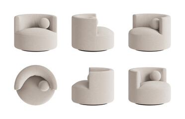 Set of six views of a modern ivory geometrical form armchair with a ball pillow isolated on a transparent background. Front view, top view, two sides, and two perspectives. 3d render - obrazy, fototapety, plakaty