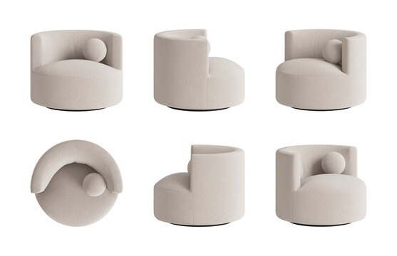 Set of six views of a modern ivory geometrical form armchair with a ball pillow isolated on a transparent background. Front view, top view, two sides, and two perspectives. 3d render