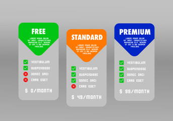 Price comparison table for five products / services - Vector
