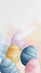 Pastel Easter Eggs Watercolor Background. Watercolor Easter eggs in soft pastel tones on a light backdrop.