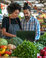 Man and Woman Using Laptop at a Market Stall