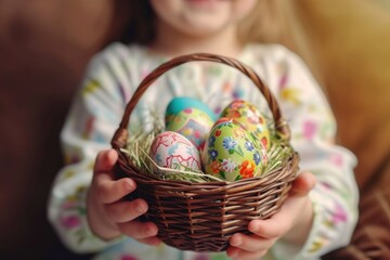Fototapeta na wymiar Child with Colorful Easter Eggs. Joyful child showcasing a basket of vibrant Easter eggs.