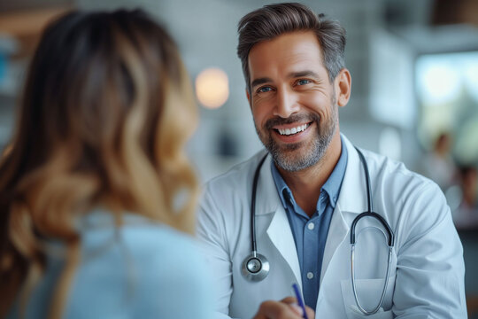 Indian Male Doctor Consulting Patient Filling Form At Consultation. Wearing White Coat Talking To Woman Signing Medical Paper At Appointment Visit In Hospital Ward. White Room. Day Light.